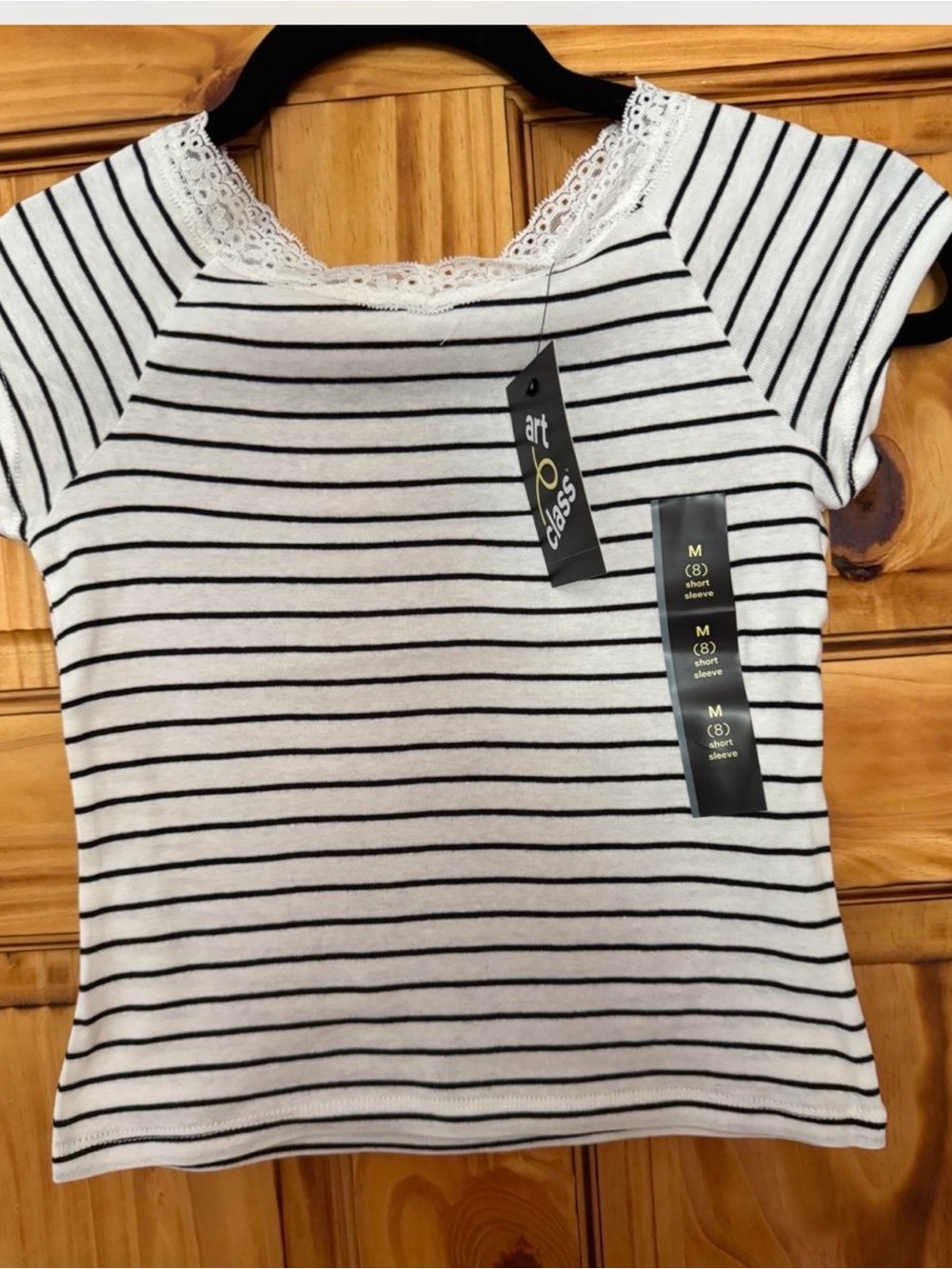 art class White & Black Striped Lace-Trim Short Sleeve Tee